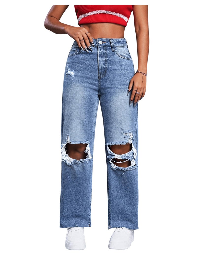 SweatyRocks Women's High Waist Ripped Distressed Cropped Jeans Straight Leg Denim Pants Blue Wash L - Image 1