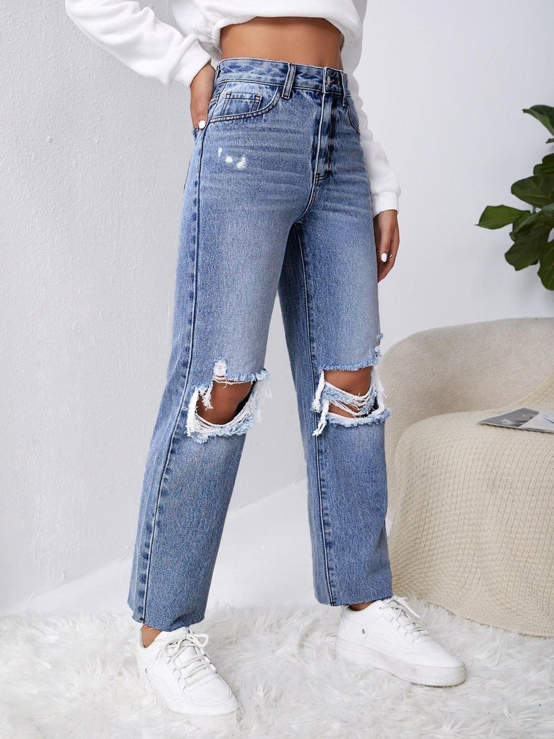 SweatyRocks Women's High Waist Ripped Distressed Cropped Jeans Straight Leg Denim Pants Blue Wash L - Image 3