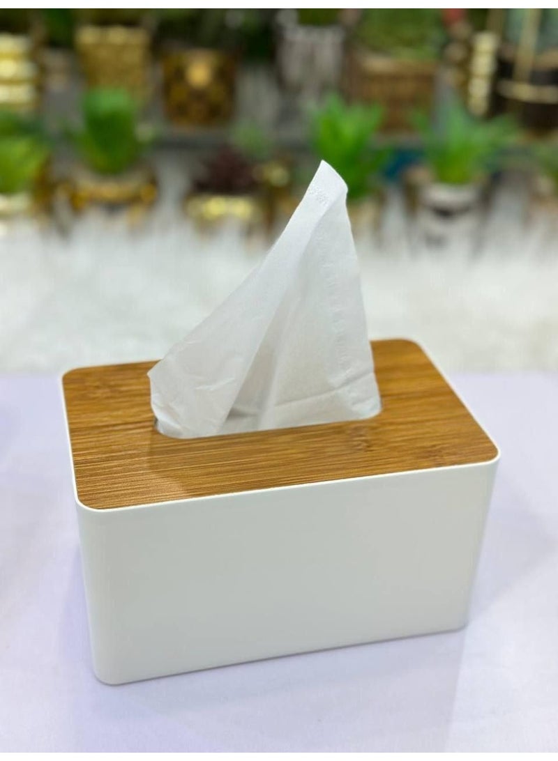 ناما علبة مناديل وجه مستطيلة بلاستيكية بغطاء من خشب البامبو  أبيض، 23×13×10 سم - Image 3