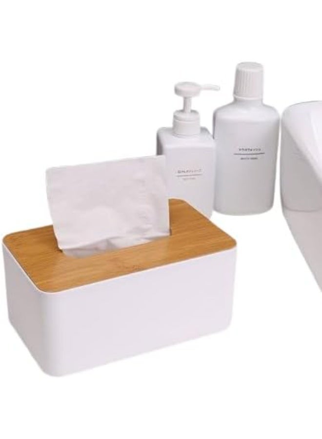 ناما علبة مناديل وجه مستطيلة بلاستيكية بغطاء من خشب البامبو  أبيض، 23×13×10 سم - Image 2