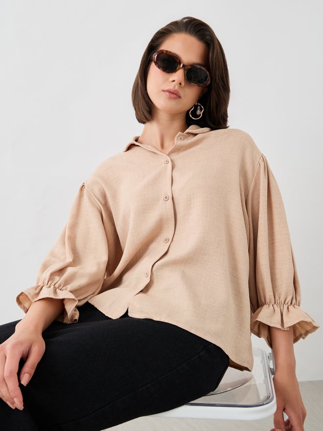Styli Styli Ruffled Sleeve Buttoned Spread Collar Shirt  - Image 1