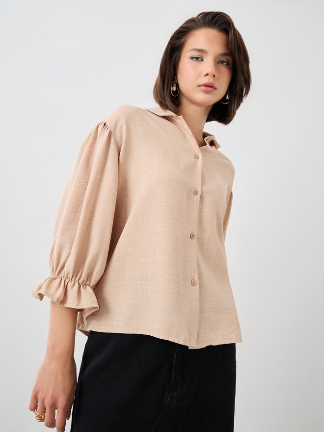 Styli Styli Ruffled Sleeve Buttoned Spread Collar Shirt  - Image 3