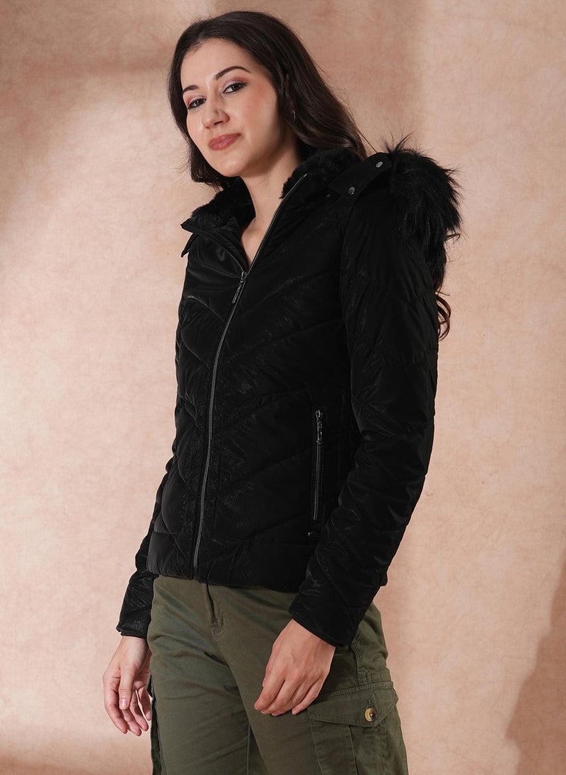Globus Women's Black Hooded Casual Puffer Jacket with Faux Fur Trim - Image 3