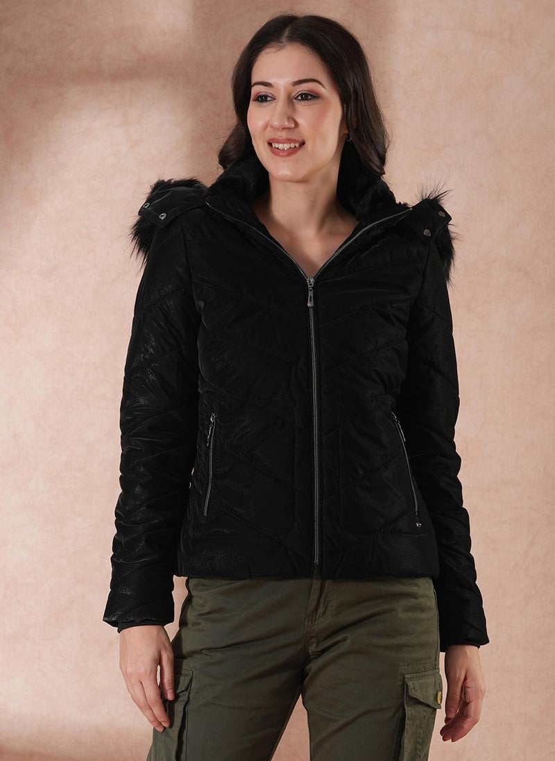 Globus Women's Black Hooded Casual Puffer Jacket with Faux Fur Trim - Image 1