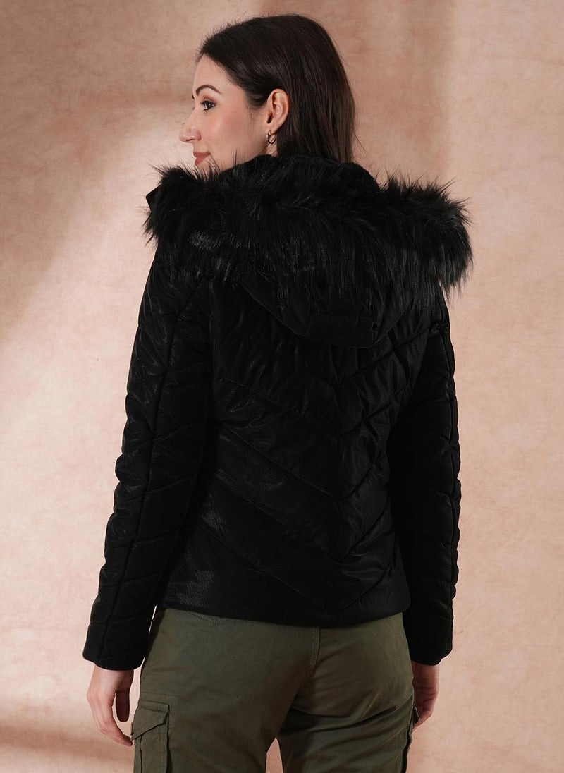 Globus Women's Black Hooded Casual Puffer Jacket with Faux Fur Trim - Image 4