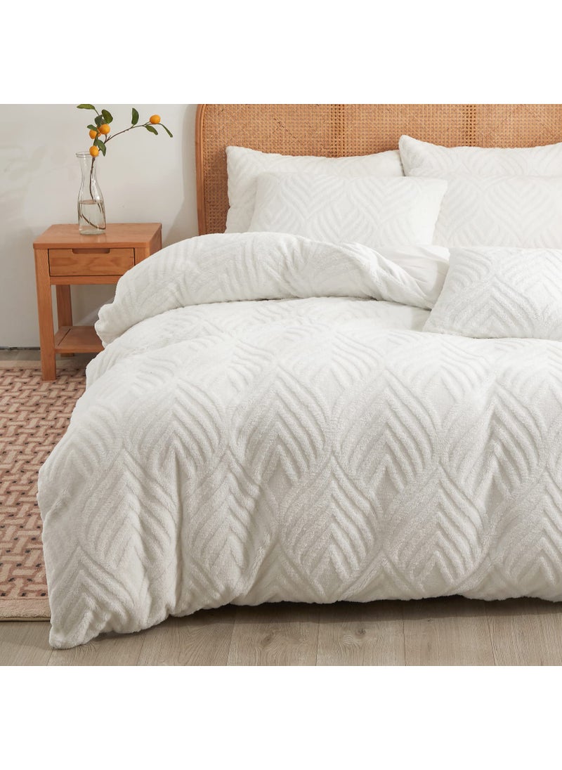 Besfunny Sherpa Comforter 3pcs Set  Soft Chenille Palm Leaf Pattern Queen Size Comforter  2 Fur Pillow Cases  Plush Modern Luxury Bedding Set White 