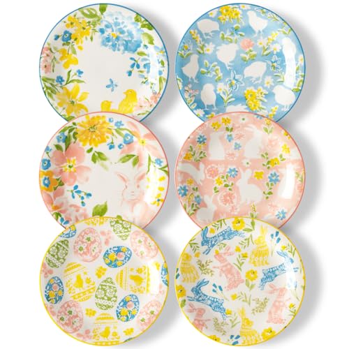Metahom Easter Dinner Plates, 10" Ceramic Bunny Plate Set for Pasta, Steak, Salads, Dishwasher and Microwave Safe, Spring Watercolor Style, Set of 6 - Image 1