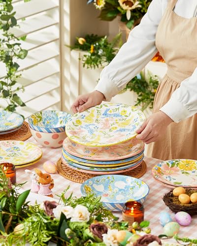 Metahom Easter Dinner Plates, 10" Ceramic Bunny Plate Set for Pasta, Steak, Salads, Dishwasher and Microwave Safe, Spring Watercolor Style, Set of 6 - Image 5