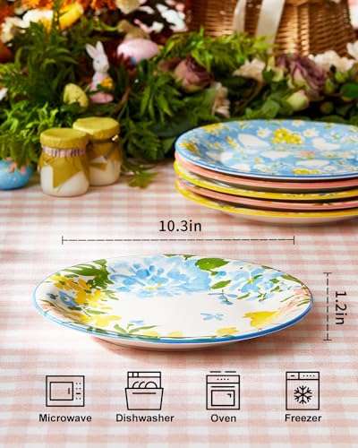 Metahom Easter Dinner Plates, 10" Ceramic Bunny Plate Set for Pasta, Steak, Salads, Dishwasher and Microwave Safe, Spring Watercolor Style, Set of 6 - Image 2