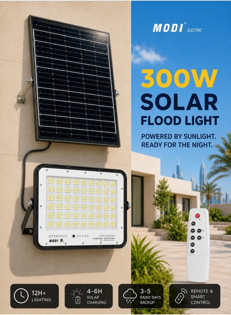 MODI Solar LED Flood Light 300W IP65 Waterproof Outdoor Lamp with Remote Control Auto ON/OFF IP65 Waterproof Lighting for Yard, Wall & Warehouse - Image 1