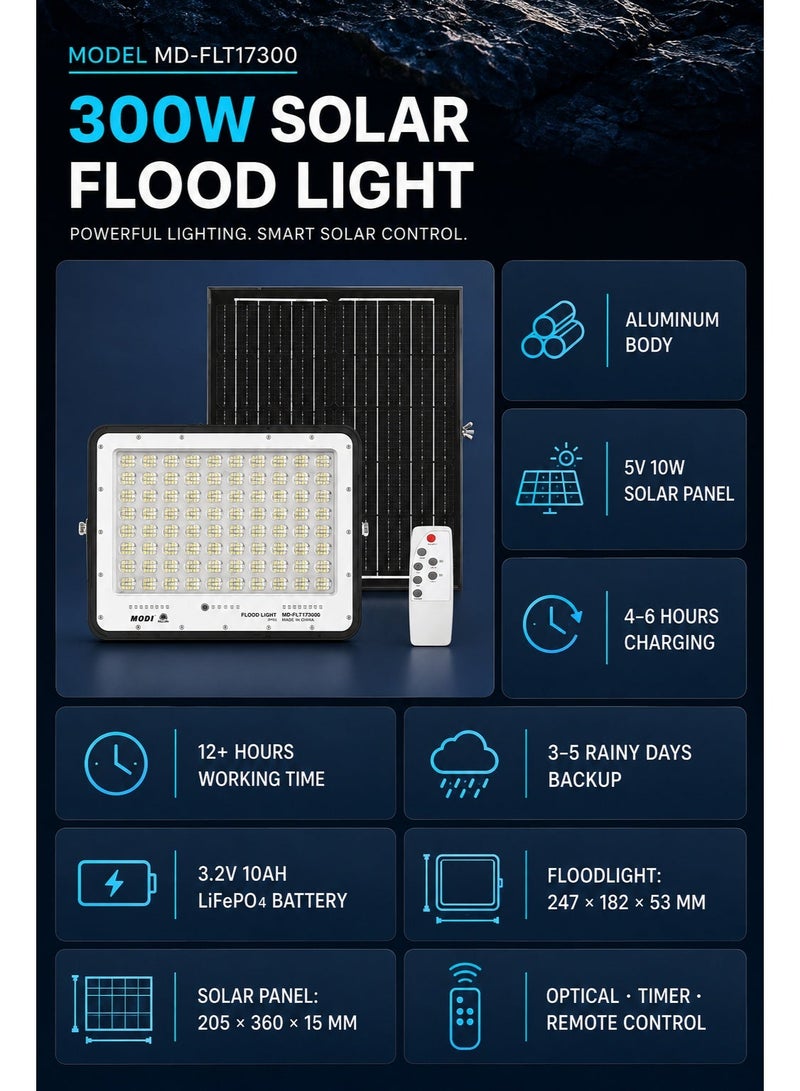 MODI Solar LED Flood Light 300W IP65 Waterproof Outdoor Lamp with Remote Control Auto ON/OFF IP65 Waterproof Lighting for Yard, Wall & Warehouse - Image 4