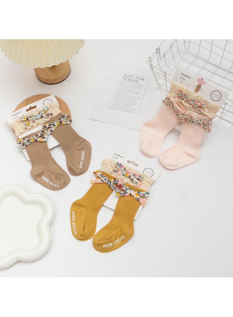 D'Daniela Victoria Ribbon Bow Turban and Socks Set for Babies - Mustard Yellow - Image 1