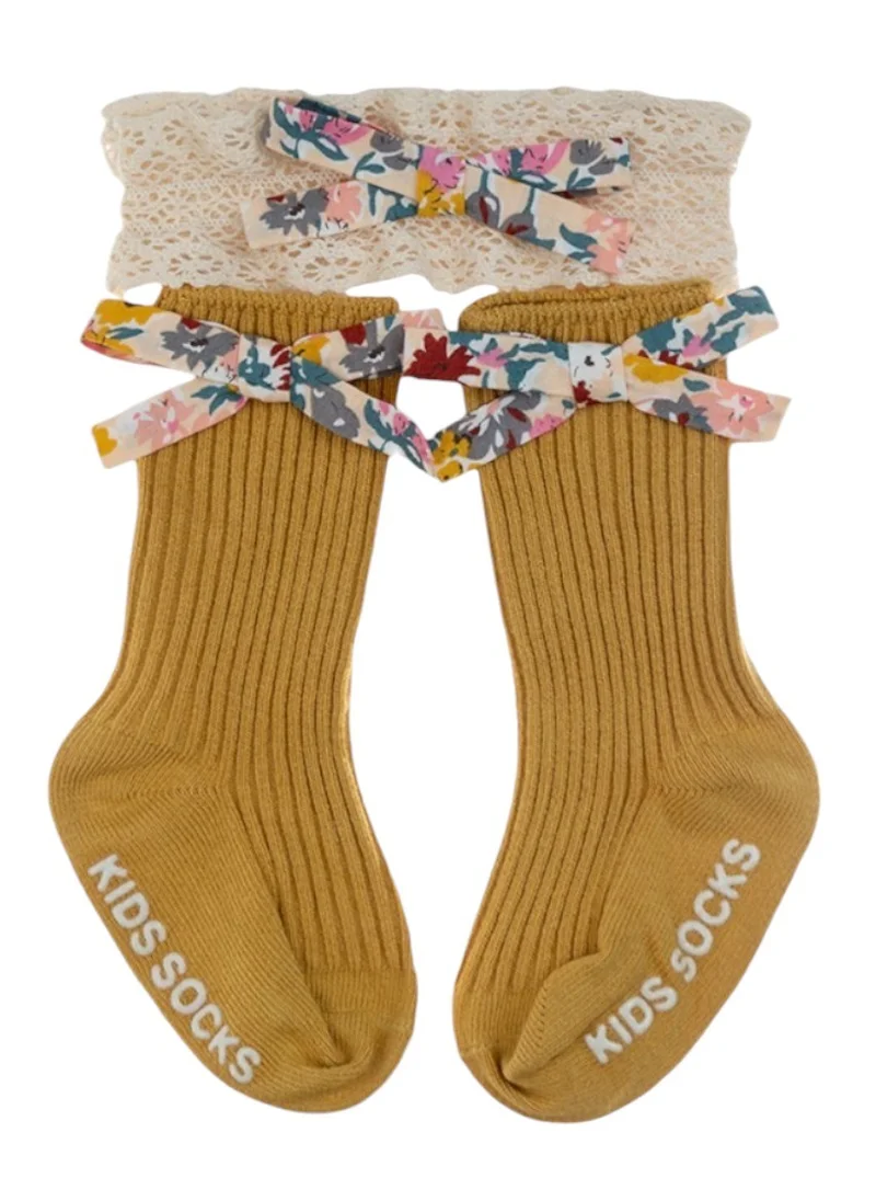 D'Daniela Victoria Ribbon Bow Turban and Socks Set for Babies - Mustard Yellow