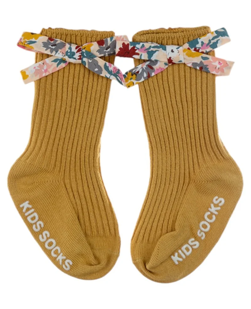 D'Daniela Victoria Ribbon Bow Turban and Socks Set for Babies - Mustard Yellow
