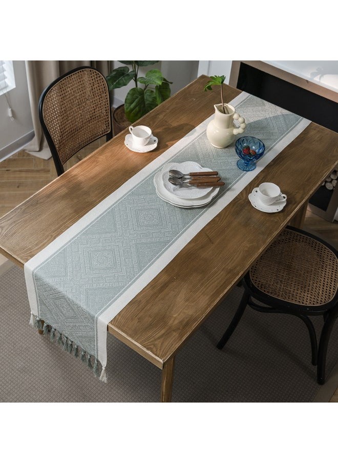 WAOKN - 33x183cm Nordic Jacquard Geometric Tassel Table Runner, Modern Geometric Line Tablecloth, Suitable for Dressing Table, Coffee Table, Holiday Party, Wedding, Dinner, Home Decoration (Green) - Image 1