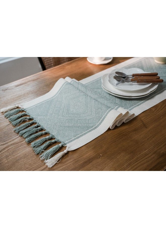 WAOKN - 33x183cm Nordic Jacquard Geometric Tassel Table Runner, Modern Geometric Line Tablecloth, Suitable for Dressing Table, Coffee Table, Holiday Party, Wedding, Dinner, Home Decoration (Green) - Image 1
