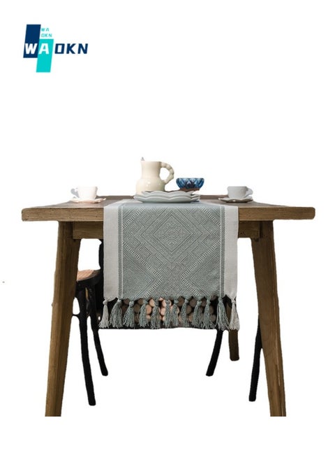33x183cm Nordic Jacquard Geometric Tassel Table Runner, Modern Geometric Line Tablecloth, Suitable for Dressing Table, Coffee Table, Holiday Party, Wedding, Dinner, Home Decoration (Green)