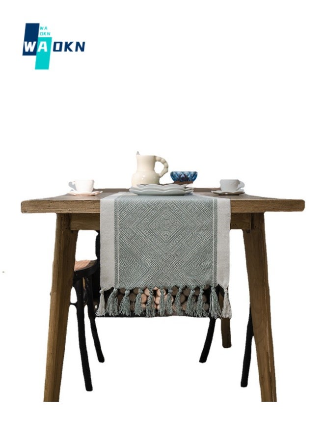 WAOKN - 33x183cm Nordic Jacquard Geometric Tassel Table Runner, Modern Geometric Line Tablecloth, Suitable for Dressing Table, Coffee Table, Holiday Party, Wedding, Dinner, Home Decoration (Green) - Image 1