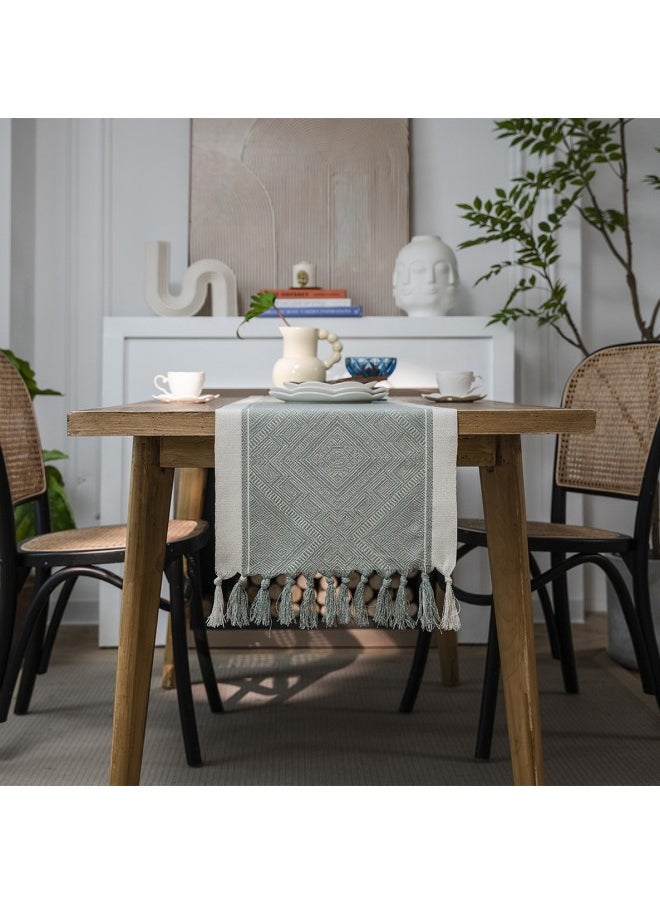 WAOKN - 33x183cm Nordic Jacquard Geometric Tassel Table Runner, Modern Geometric Line Tablecloth, Suitable for Dressing Table, Coffee Table, Holiday Party, Wedding, Dinner, Home Decoration (Green) - Image 1
