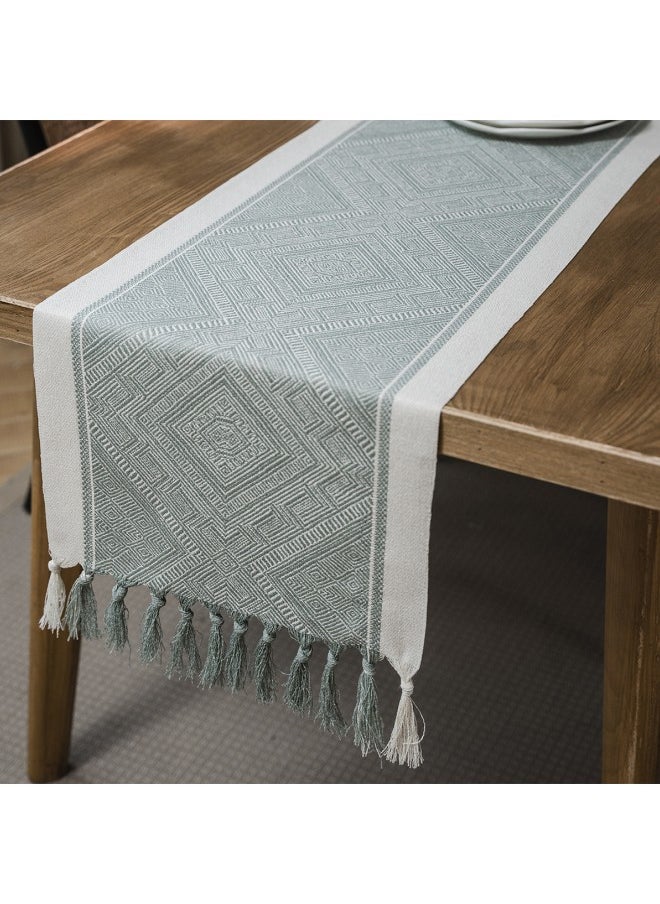 WAOKN - 33x183cm Nordic Jacquard Geometric Tassel Table Runner, Modern Geometric Line Tablecloth, Suitable for Dressing Table, Coffee Table, Holiday Party, Wedding, Dinner, Home Decoration (Green) - Image 1