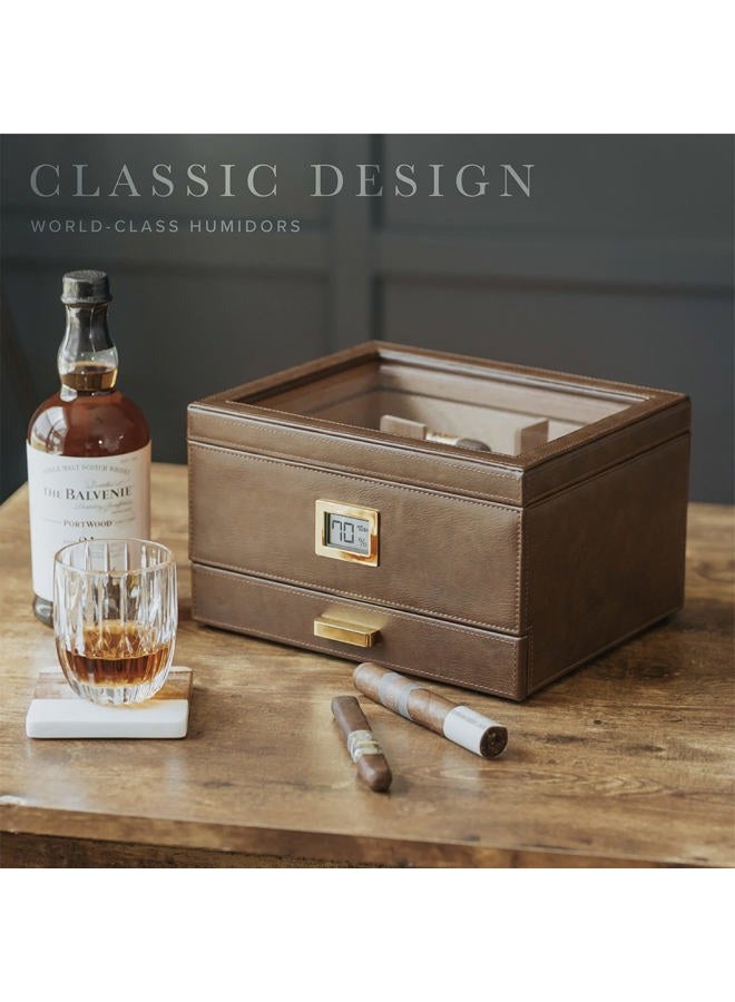 CASE ELEGANCE Belmont Glass Top Humidor Easy Humidification System, Thick Cedar, Accurate Digital Hygrometer, Leather Wrapped, Brown, Holds 30-60 Cigars - Image 2