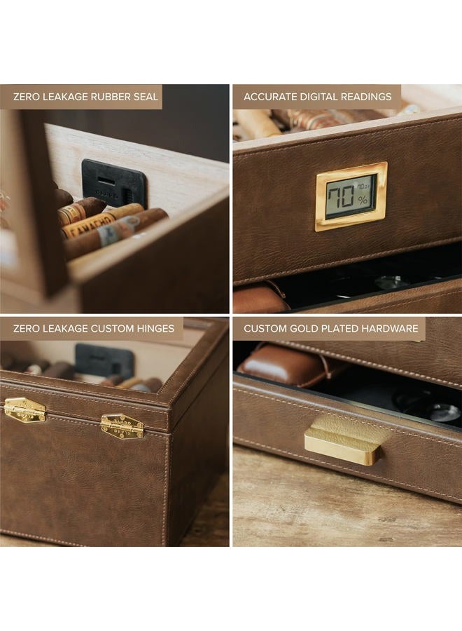 CASE ELEGANCE Belmont Glass Top Humidor Easy Humidification System, Thick Cedar, Accurate Digital Hygrometer, Leather Wrapped, Brown, Holds 30-60 Cigars - Image 3