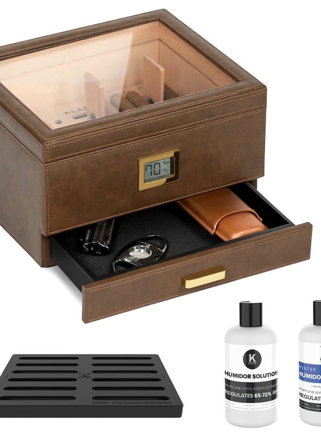 CASE ELEGANCE Belmont Glass Top Humidor Easy Humidification System, Thick Cedar, Accurate Digital Hygrometer, Leather Wrapped, Brown, Holds 30-60 Cigars - Image 1