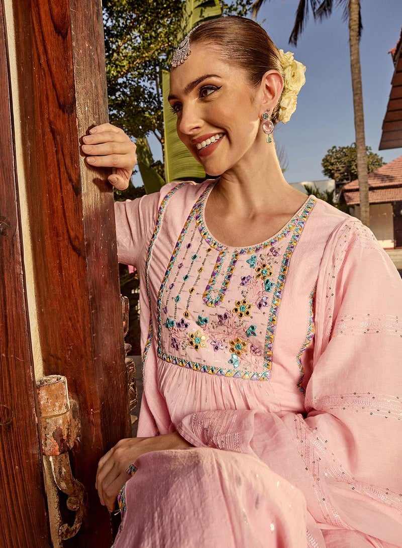 ISHIN Women Pink Cotton Kurta set with Dupatta - Image 2