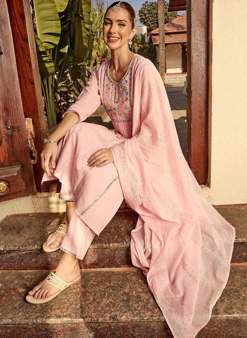 ISHIN Women Pink Cotton Kurta set with Dupatta - Image 1