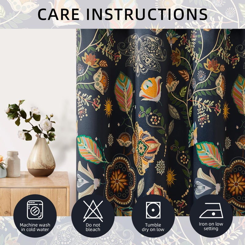 XiDi Navy Blue Vintage Floral Patterned Blackout Curtains Boho 84 Inches Long for Living Room Bedroom 2 Panels Thermal Insulated Luxury Modern Dark Botanical Printed Curtains Grommet Drapes 52x84 - Image 5