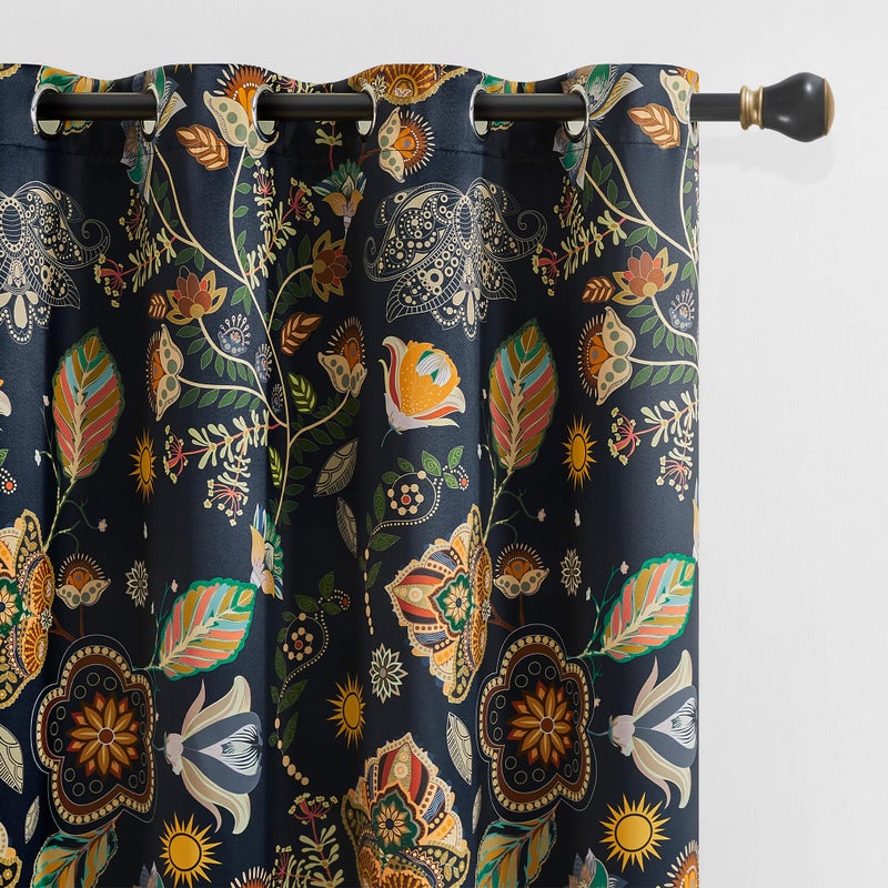 XiDi Navy Blue Vintage Floral Patterned Blackout Curtains Boho 84 Inches Long for Living Room Bedroom 2 Panels Thermal Insulated Luxury Modern Dark Botanical Printed Curtains Grommet Drapes 52x84 - Image 1