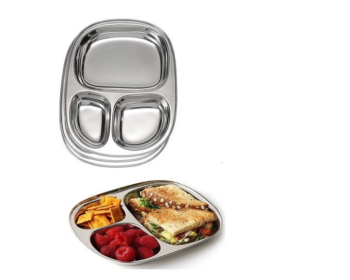 STAINLESS STEEL PAV BAAJI PLATESNACKSDINNER PLATE 3 IN 1 SIZE2 SET OF 4