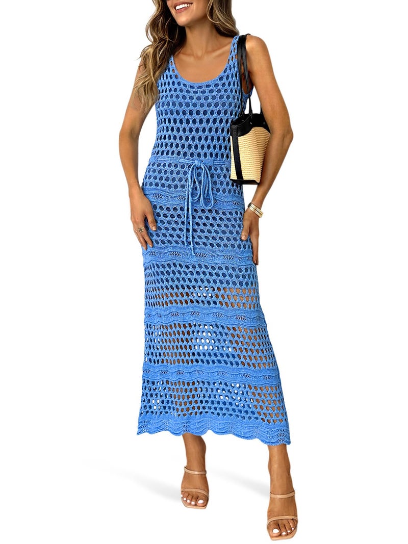 Saodimallsu Womens Crochet Beach Cover Up Dress Sleeveless Scoop Neck Drawstring Long Dresses Summer Vacation Outfits Blue - Image 1