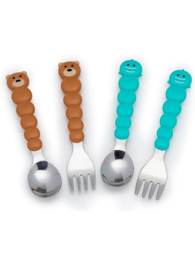 melii Kids Spoon and Fork Set - 4 Piece Toddler Silverware Featuring Fun Bulldog, Cat, Shark, and Bear Designs - BPA Free, Dishwasher Safe - Image 1