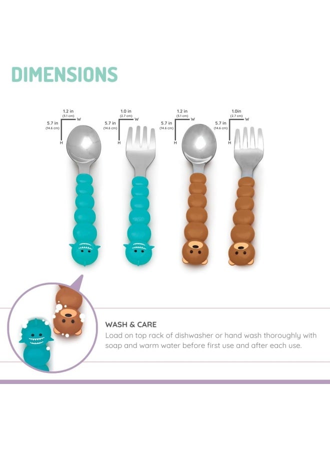 melii Kids Spoon and Fork Set - 4 Piece Toddler Silverware Featuring Fun Bulldog, Cat, Shark, and Bear Designs - BPA Free, Dishwasher Safe - Image 2
