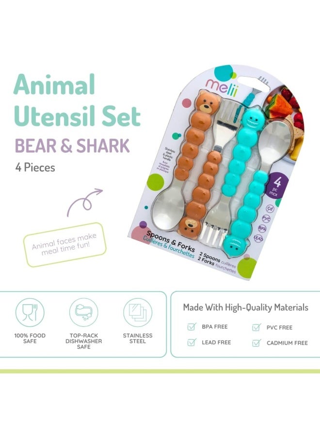 melii Kids Spoon and Fork Set - 4 Piece Toddler Silverware Featuring Fun Bulldog, Cat, Shark, and Bear Designs - BPA Free, Dishwasher Safe - Image 3