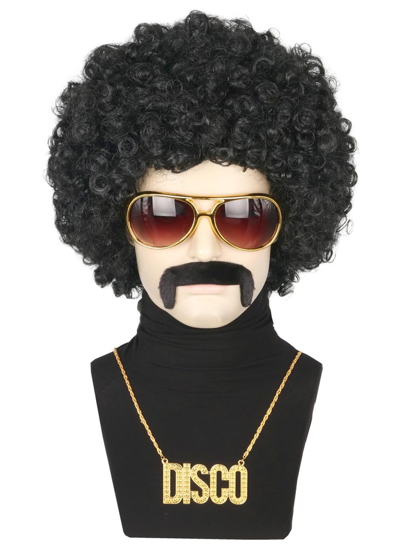 Topcosplay 5pcs Set 70s 80s Disco Hippies Wig for Men or Women Afro Wig Rock Party Outfit Short Curly Wigs Halloween Costume Accessories Black 