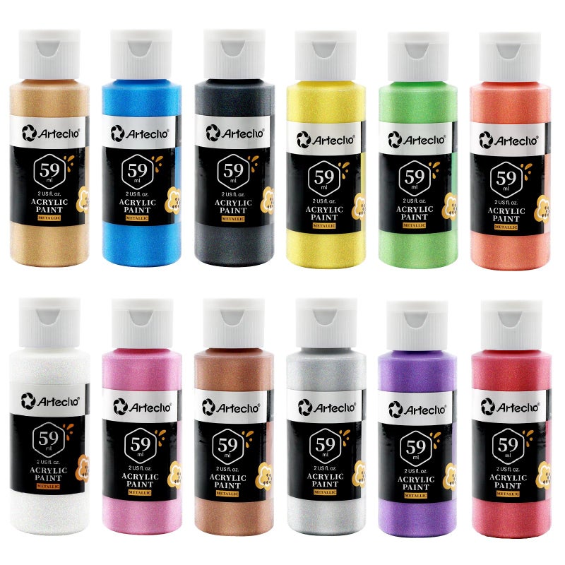 Artecho Acrylic Paint Set 12 Metallic Colors Bottles 59ml 2oz Art Craft Paints for Canvas Rock Stone Wood Fabric Art Supplies