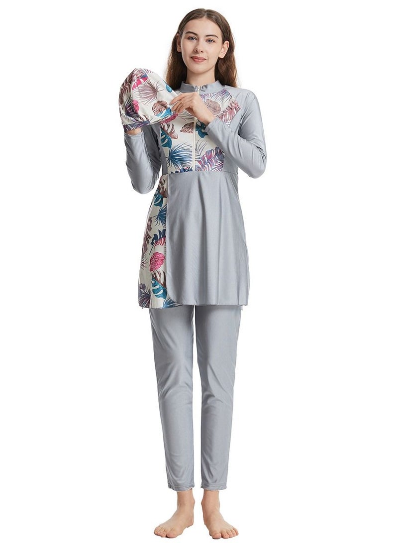 Loquat Highly Elastic Printed Swimwear Set Womens Long Sleeve Burkini Swimsuit Set Grey  - Image 1