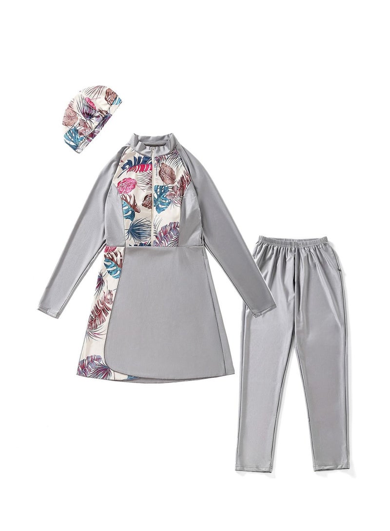 Loquat Highly Elastic Printed Swimwear Set Womens Long Sleeve Burkini Swimsuit Set Grey  - Image 2
