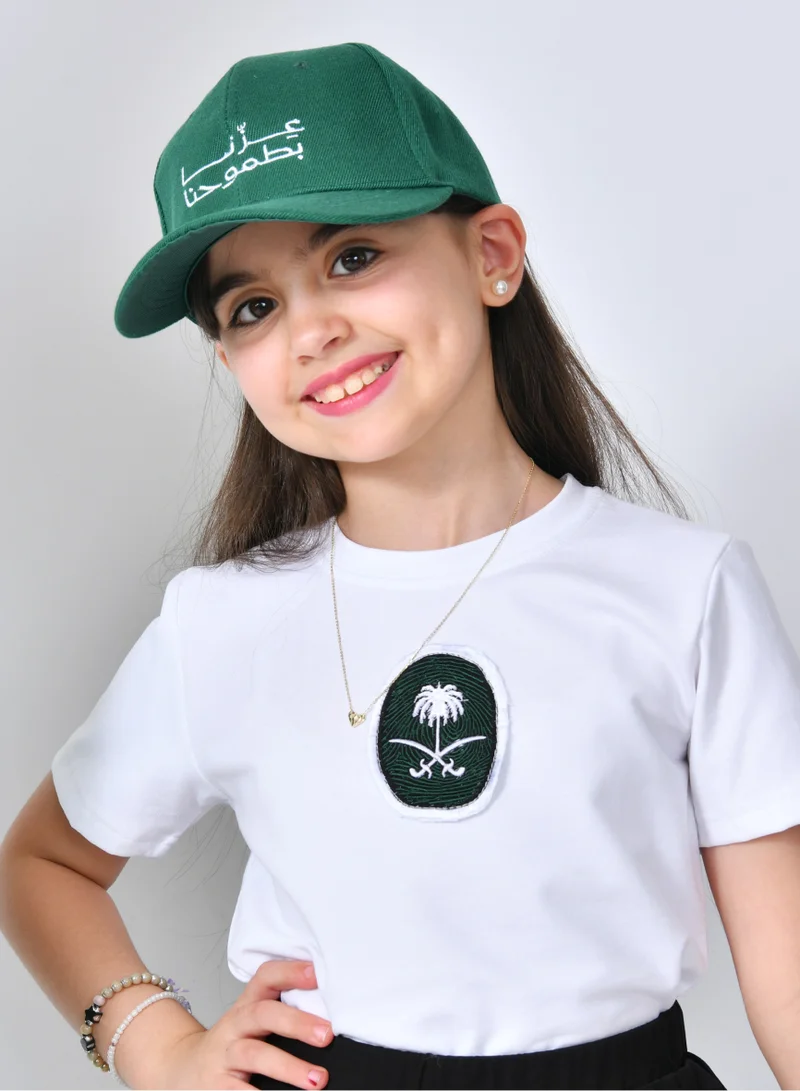 HAWRAA ABAYA White T-shirt with embroidered logo of the two swords and palm tree (for boys and girls)