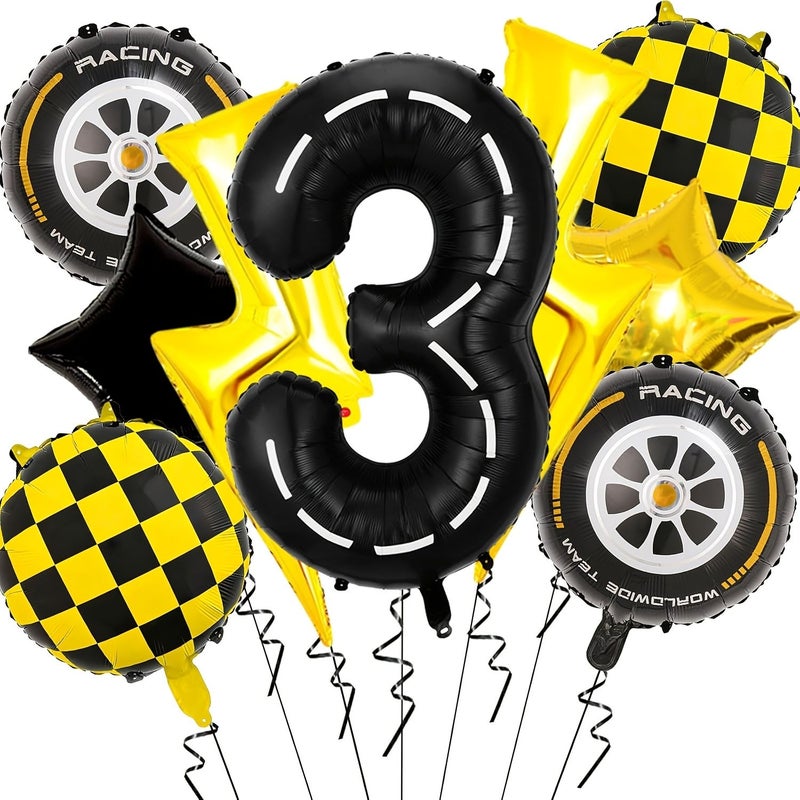 9pcs Sports Movement Balloons Birthday Decor Black Number 9 Balloon Yellow Plaid 8 Style - Image 1