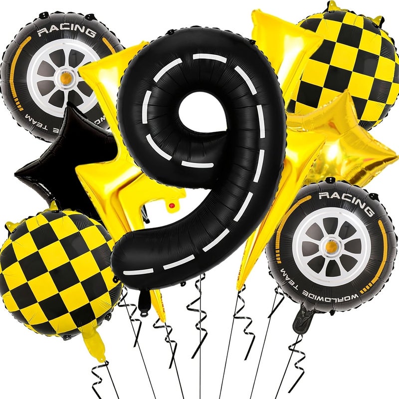9pcs Sports Movement Balloons Birthday Decor Black Number 9 Balloon Yellow Plaid 8 Style - Image 3