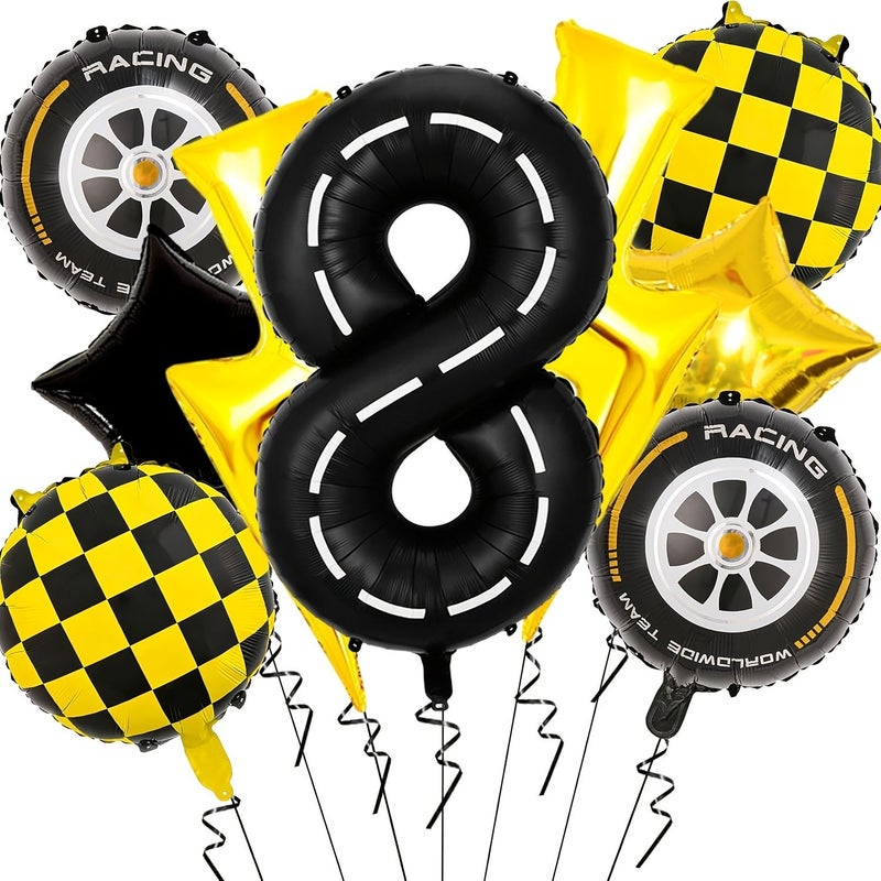 9pcs Sports Movement Balloons Birthday Decor Black Number 9 Balloon Yellow Plaid 8 Style - Image 4