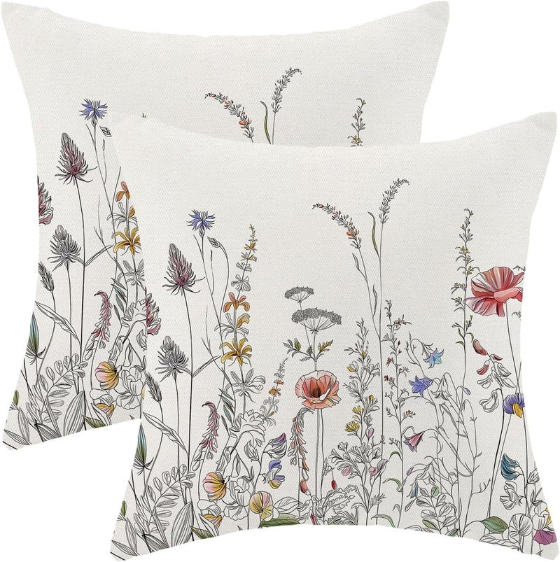 Set of 2 Colorful Spring Pillow Cases, Decorative Outdoor Cushion Covers, Rustic Home, Sofa, Bed Decor, Black Wildflower Print, 50 x 50 cm - Image 1