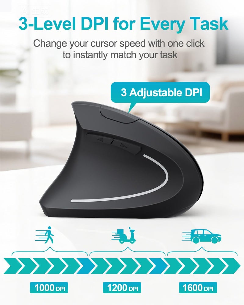 Lekvey Left Handed Ergonomic Mouse, Vertical Wireless Mouse for Left Hand, 2.4G USB Carpal Tunnel Lefty Mouse, 3 Adjustable DPI, 6 Buttons, for Laptop, PC, Computer, Mac, Windows, Desktop - Black - Image 5