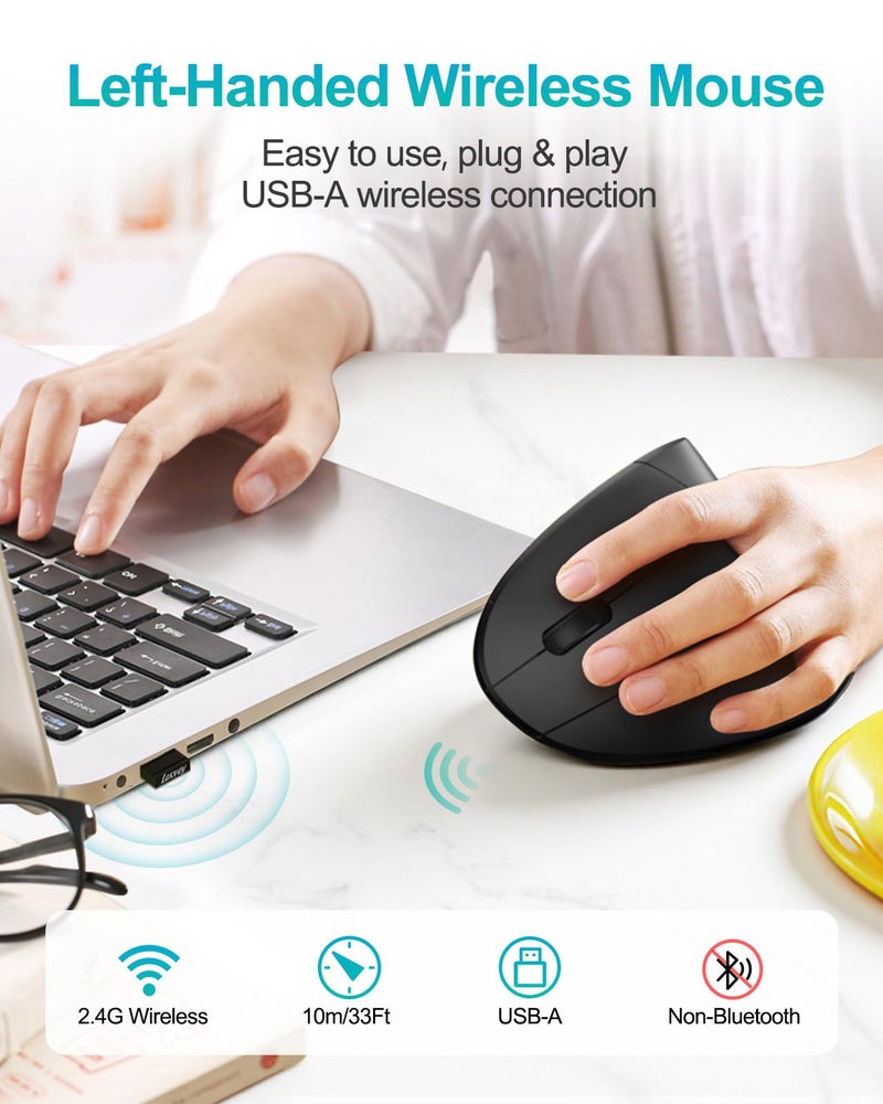 Lekvey Left Handed Ergonomic Mouse, Vertical Wireless Mouse for Left Hand, 2.4G USB Carpal Tunnel Lefty Mouse, 3 Adjustable DPI, 6 Buttons, for Laptop, PC, Computer, Mac, Windows, Desktop - Black - Image 2