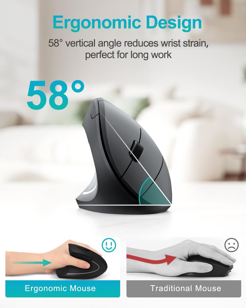 Lekvey Left Handed Ergonomic Mouse, Vertical Wireless Mouse for Left Hand, 2.4G USB Carpal Tunnel Lefty Mouse, 3 Adjustable DPI, 6 Buttons, for Laptop, PC, Computer, Mac, Windows, Desktop - Black - Image 3