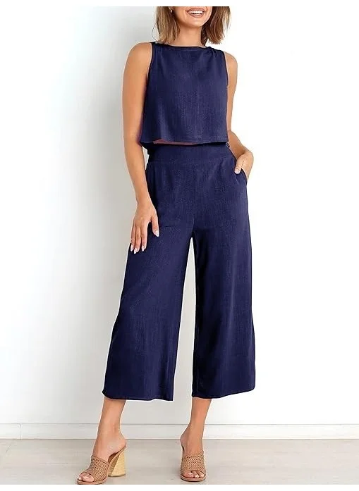 Barbora Linen Summer High Waist Capri Pants Back Detail Sleeveless Two Piece Set LN26LACI5