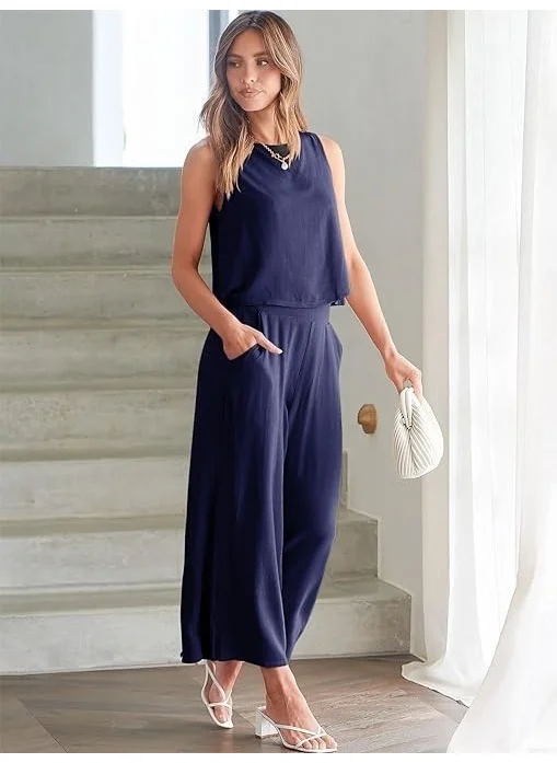 Barbora Linen Summer High Waist Capri Pants Back Detail Sleeveless Two Piece Set LN26LACI5